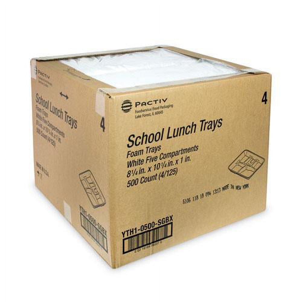 Pactiv Lightweight Foam School Trays White 5-Compartment 8 1/4 x 10 1/2 500/Carton YTH10500SGBX