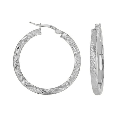 925 Sterling Silver Womens Diamond-Cut Patterned Square Tube Hoop Earrings