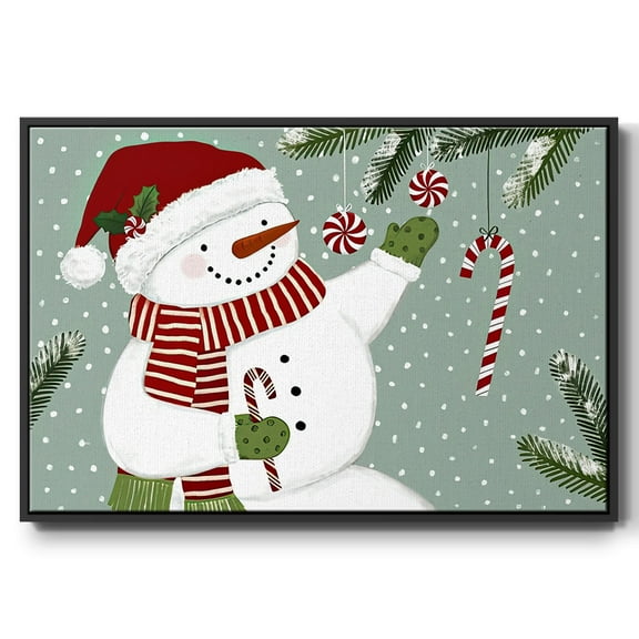 Peppermint Snowman Collection A - Framed Gallery Wrapped Holiday Canvas - 17 x 25 - Black Frame