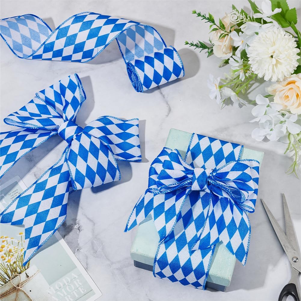 20yards Oktoberfest Wired Edge Ribbon 2.5" Blue and White Checkered Ribbon Polyester Plaid Gingham Ribbons Hanukkah Decorative Ribbons DIY