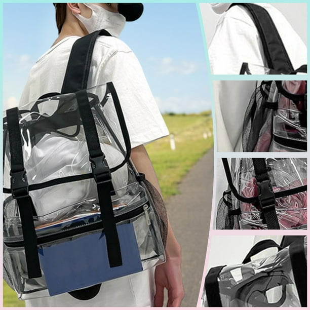 Mochila transparente para la escuela y seguridad | Bolsa impermeable de PVC de 15.75 pulgadas con correas reforzadas y bolsillo frontal | Azul, negro y gris