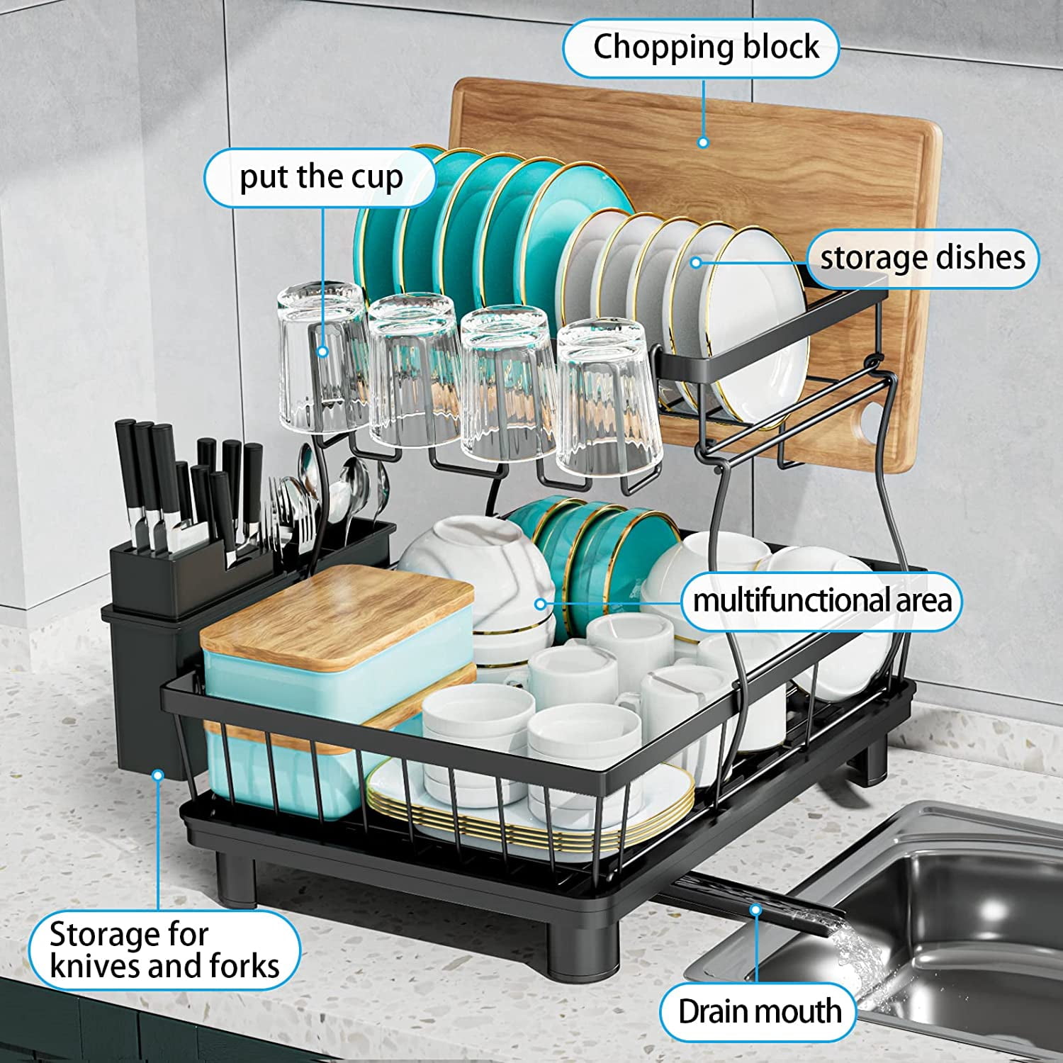 Large Dish Drying Rack, 2-Tier Dish Racks for Kitchen Counter, Detachable Large Capacity Dish Drainer Organizer with Utensil Holder, Dish Drying Rack with Drain Board, Black