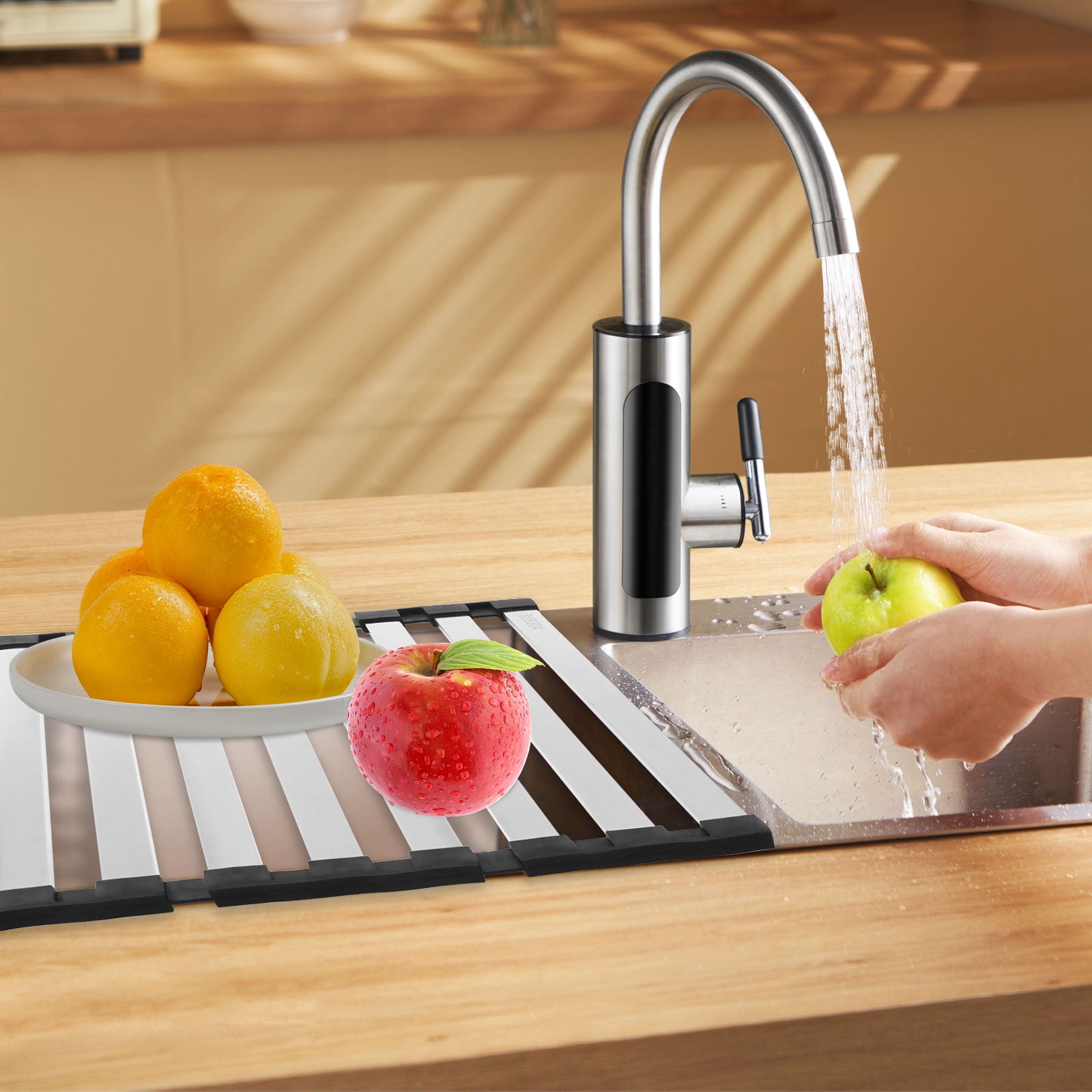 Ikoopy Foldable Roll Up Dish Drying Rack Multipurpose Silicone and Stainless Steel Over Sink Drying Rack for Home Kitchen Sink Counter