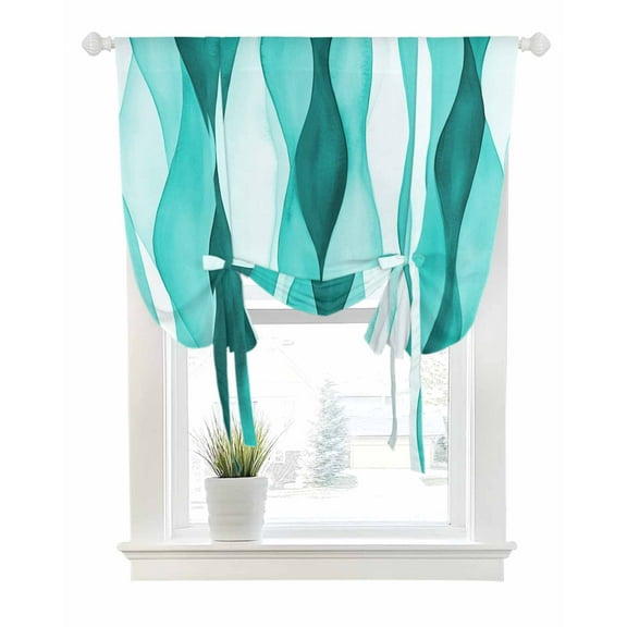 Turquoise Stripes Tie Up Curtains for Window, Thermal Insulated Balloon Shade Adjustable Rod Pocket Curtains Valance Panels for Kitchen Bathroom Cafe 42 x 54 Vintage Farmhouse Ripple Texture Art