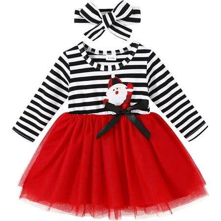 

YOUI-GIFTS 2PCS Toddler Baby Girl Christmas Dress Cotton Long Sleeve Santa Prints Christmas Princess Tutu Dress+Headband 6M-6T
