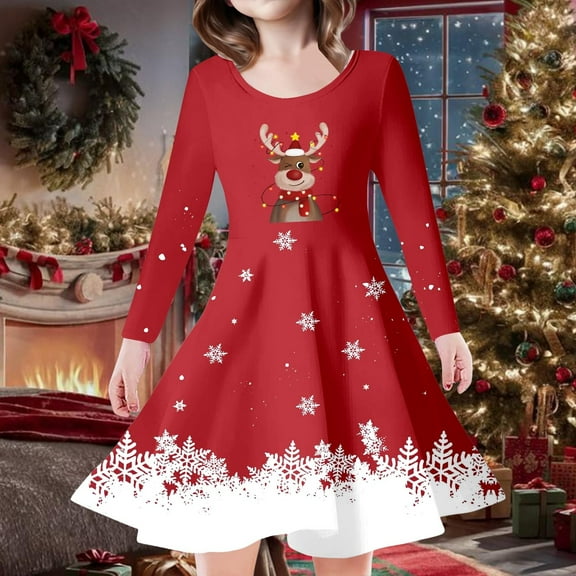 July 4Th Girls Dresses Size 5 Party Kids Toddler Girls Christmas Trees Deer Print Christmas Long Sleeve Party Princess Dress