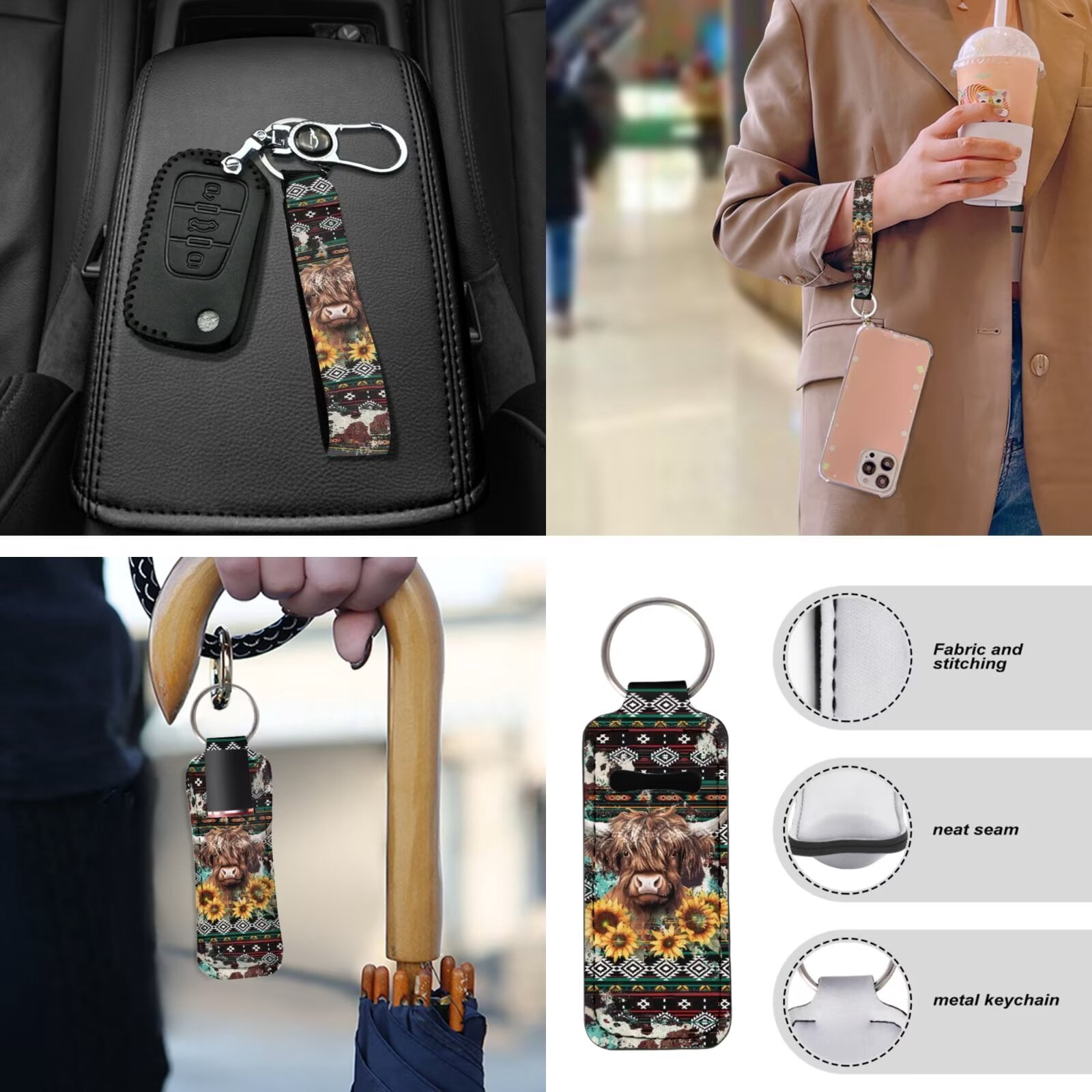 Garronmavis Aztec Highland Cow 13 PCS Car Seat Cover Set Including Steering Wheel Cover, Seat Belt Pad, Coaster, Keychain, Lipstick Cover Universal Auto Accessories