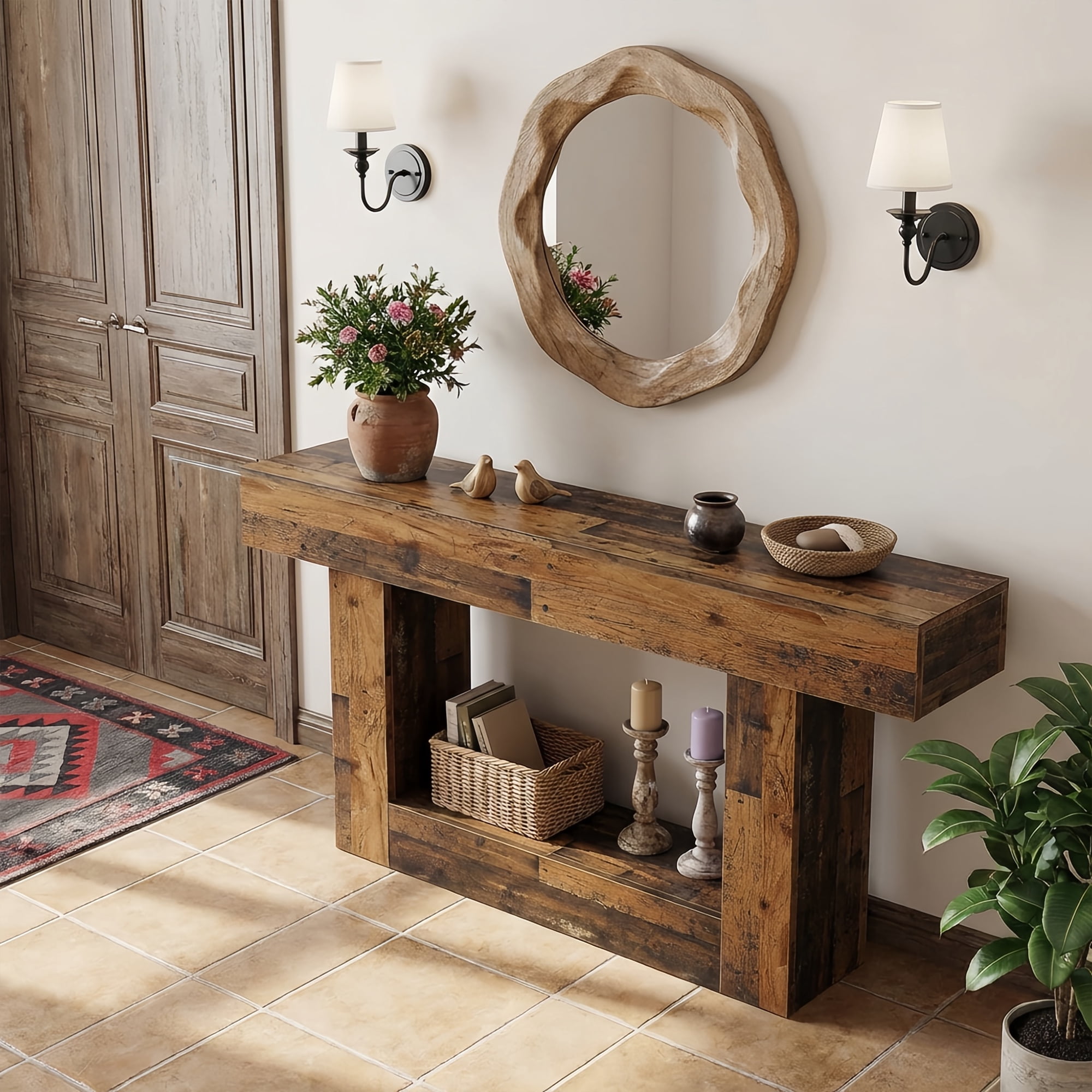 63" Farmhouse 2-Tier Console Table, U-Shaped Base Entryway Table, Narrow Wood Sofa Table Behind Couch for Living Room & Hallway (Mix Brown)