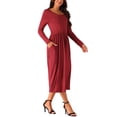thumbnail image 4 of Vestido midi de manga larga con cuello en V y cintura alta para mujer Inspire Chic con bolsillos en color rojo vino XL, 4 of 5