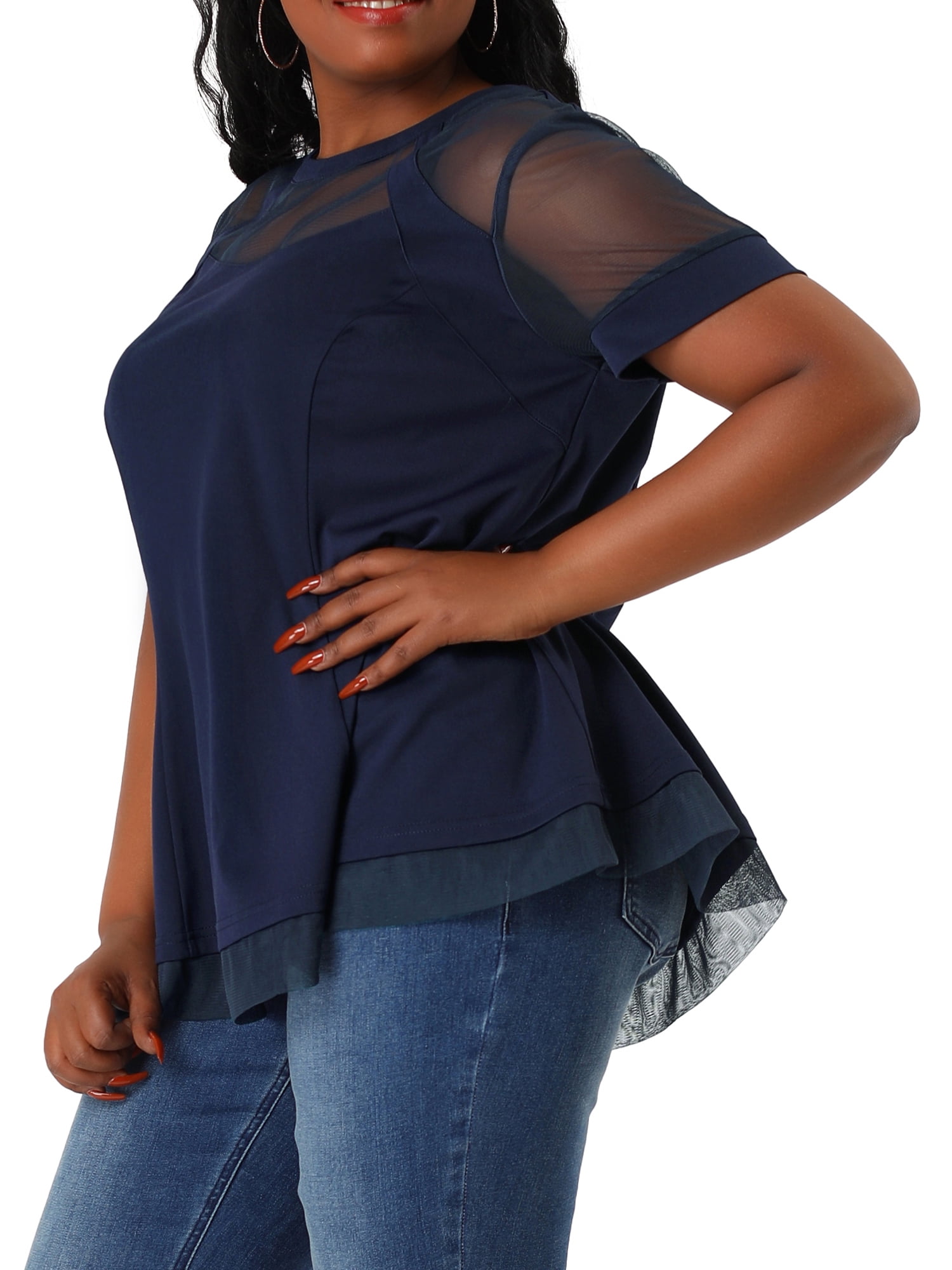 Unique Bargains Women's Plus Size Lace Short Sleeve Swing Mesh Peplum Top