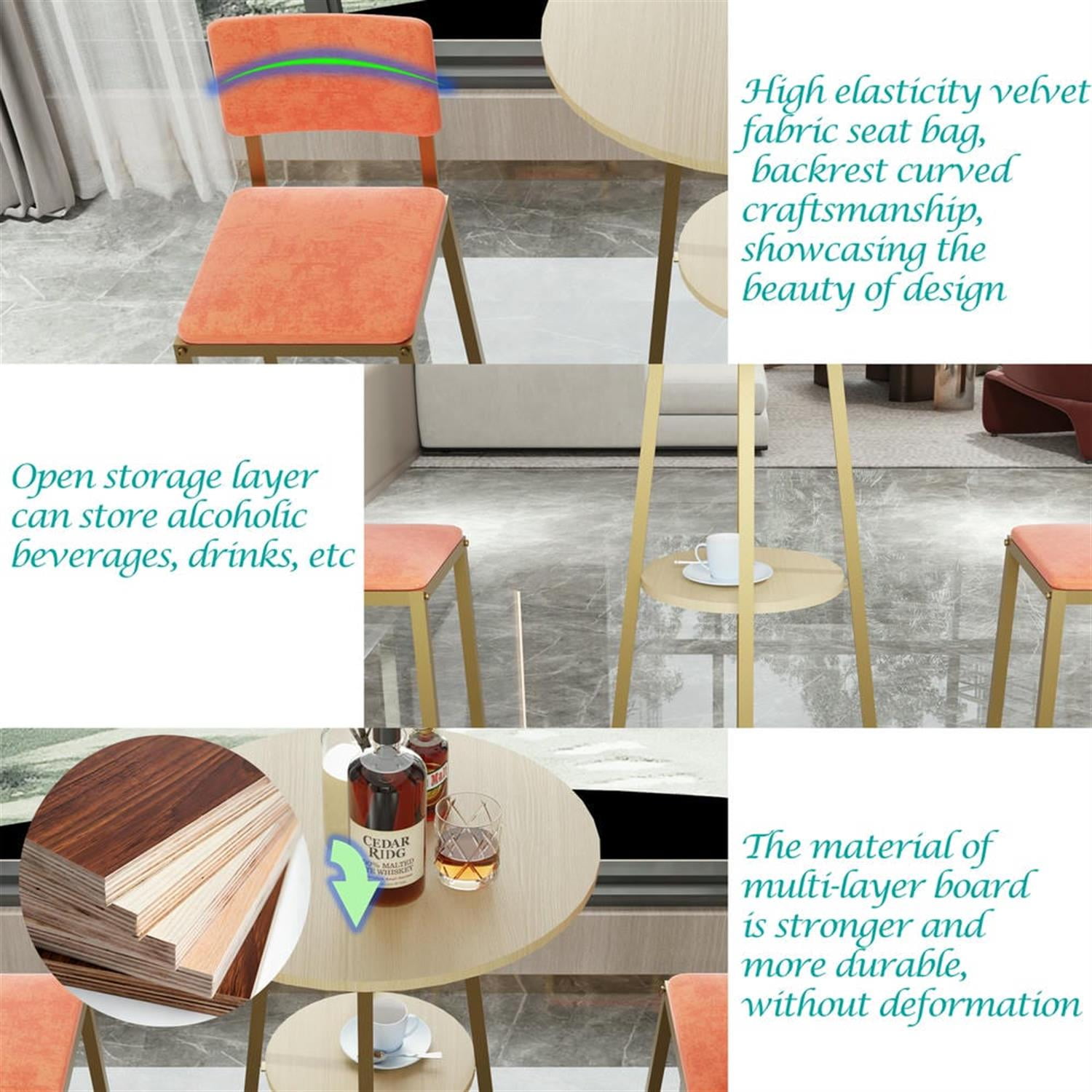 Demi Bonn 3-Piece Dining Table Set with 2 Upholstered Chairs and Storage, Kitchen Bar Table Furniture Sets for Dining Room, Apartment, Orange