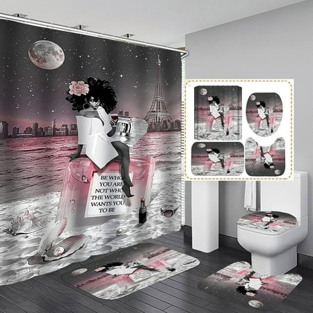 4PCS African American Shower Curtain Set Black Shower Curtain Black King Afro Black Man Bathroom Decor Non-Slip Bath Mat Positive Motivational Inspirational Gifts for Men Man Cave Decor