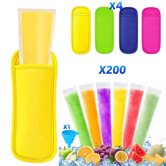 SUSWIM Ice Popsicle Mold Bags,200 Disposable Popsicle Bags 4 Reusable Ice Pop Sleeves 1 Funnel ，Sealable Freezer Pop Bags for Homemade Popsicles Tubes, Yogurt,DIY Snack, Juice, Summer Party