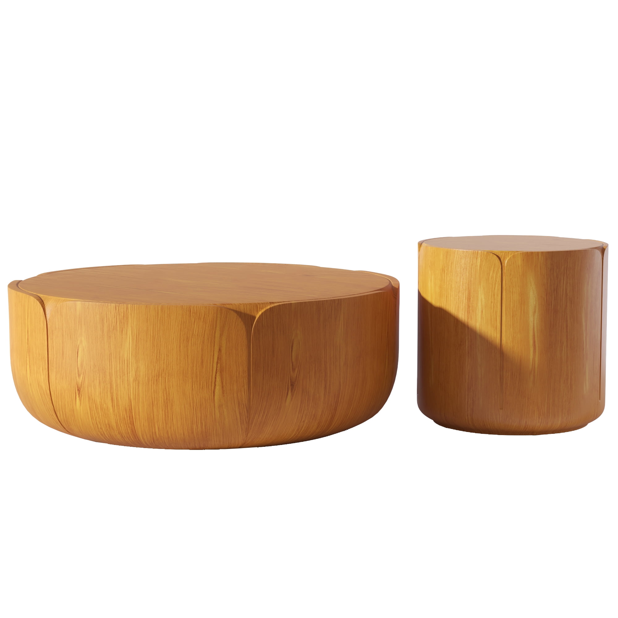 LiviNest All-Weather Drum Coffee Table Set: 365-Day Outdoor Indoor Table - 35.63" & 19.69" Round MGO Wood Grain - 220 lbs Capacity No Assembly