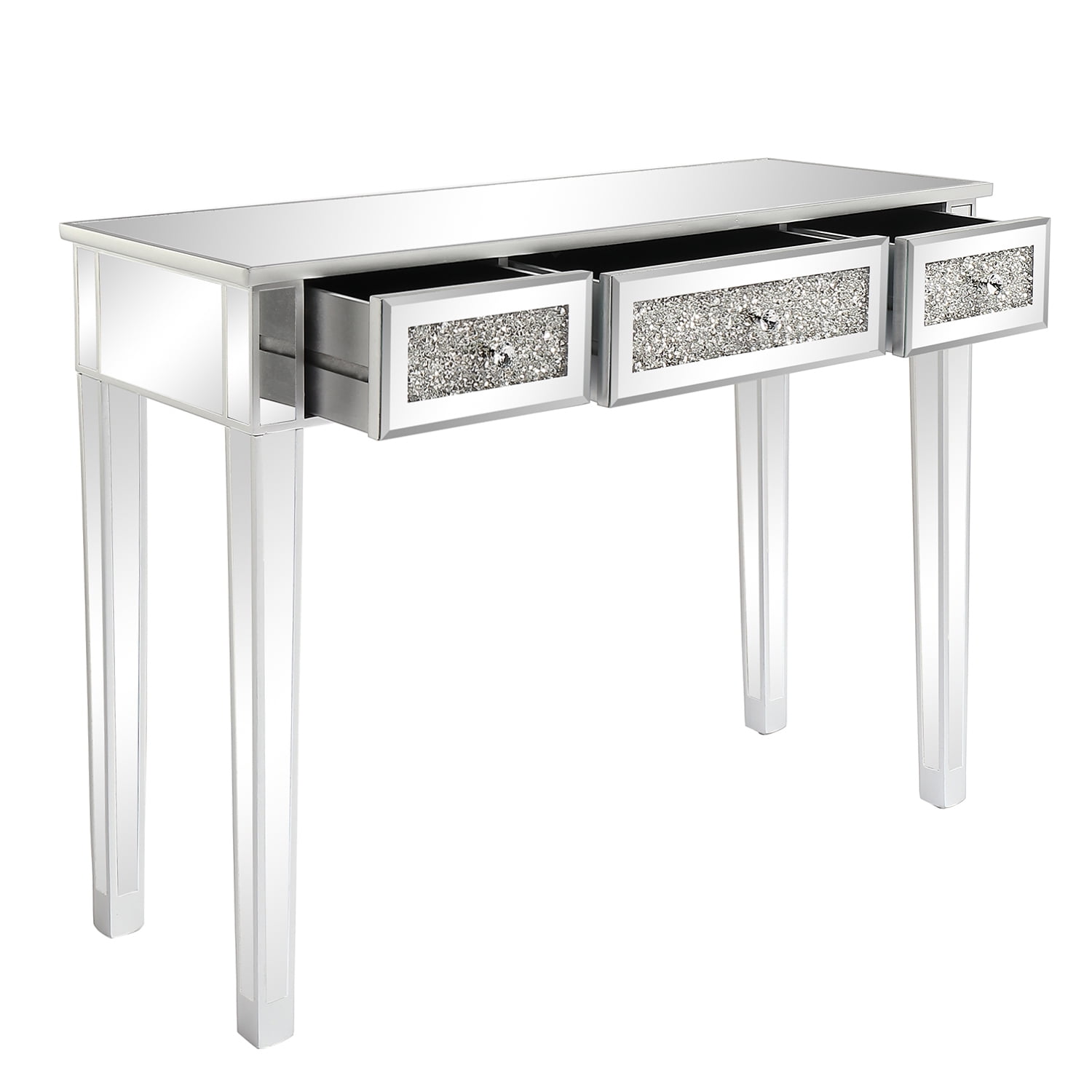 3-Drawer Modern Diamond-Embellished Computer Desk with Mirror Finish, Silver, 42 x 15 x 29.92 in