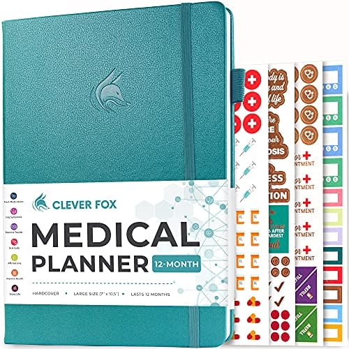 Clever Fox Planificador Médico 12-Meses Cuaderno médico Diario salud Bienestar Libro registro salud Tapa dura 7 x 10.5 Aguamarina