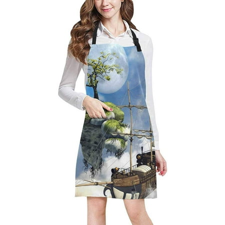 

ASHLEIGH Funny Fantasy Flying Ship Floating Island Above The Clouds Adjustable Bib Apron Pockets Commercial Restaurant Home Kitchen Adjustable Apron