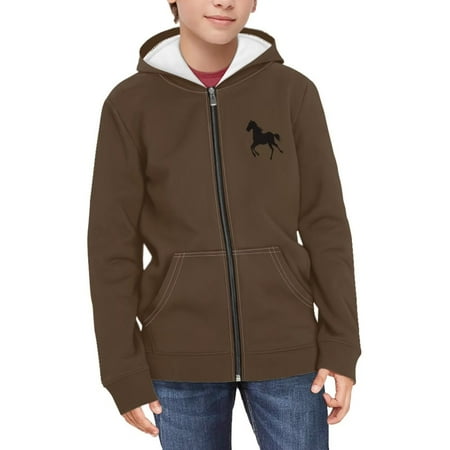 POLERO 11-13 Years Boys Zip Up Hoodies Kids Horse Brown Graphic Hooded Sweatshirt with Pockets Casual Winter Jackets