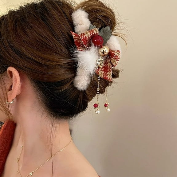 βJumbo 4.3" Red Christmas Hair Bow Claw Clip - Festive Hair Accessory with Bells for Women's Holiday Gift (Polyester, Set of 1)ββ Red
