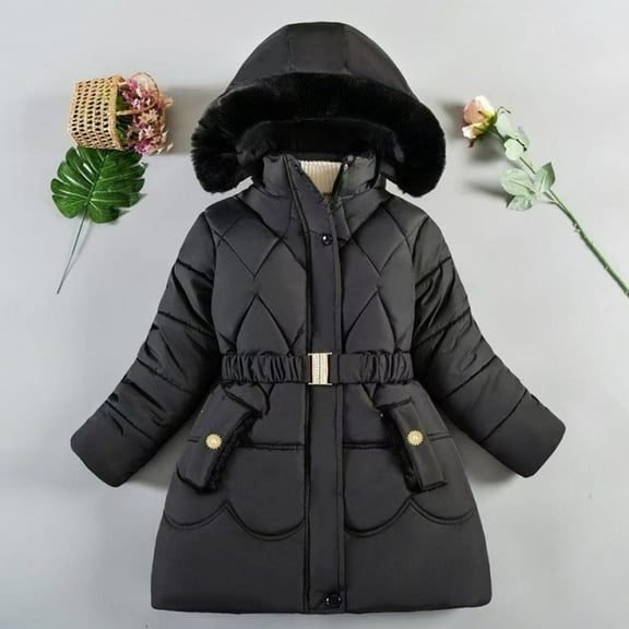 YOUYEDIAN Girl Winter Dress Coats Hooded Fleece Jacket Warm Outwear Waterproof Heavy Parka Black 9-10 Years
