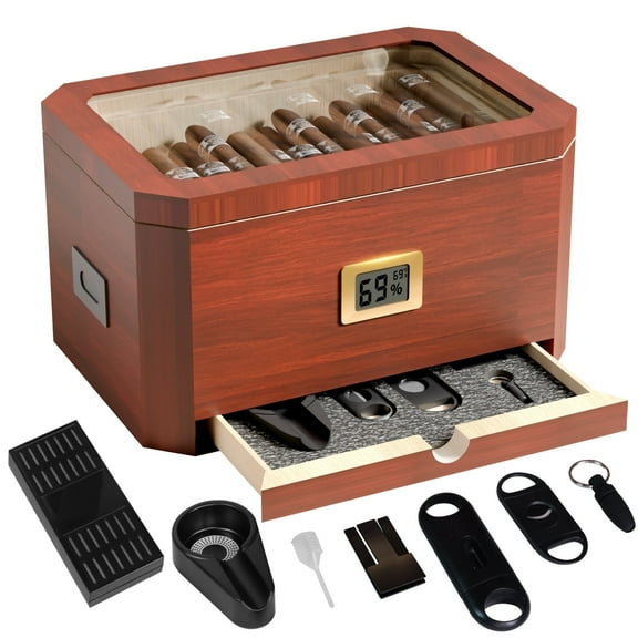 Cigar Humidor, Cedar Wood Humidor Cigar Box, Glass Top Desktop Humidor with Front Hygrometer and Cigar Accessories, up to 80 Cigars with Cedar Wood Tray, Cigar Gifts for Men