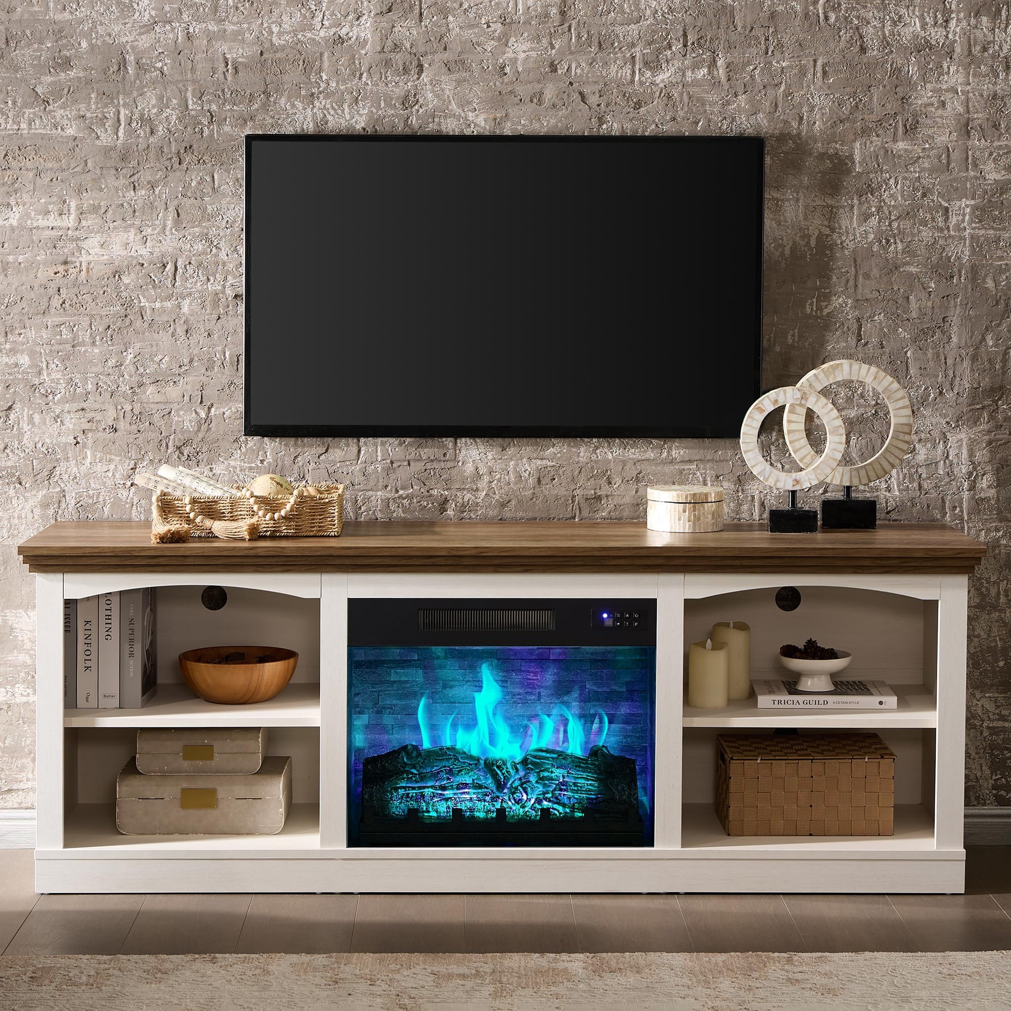 Merluxy 70" Fireplace TV Stand for TVs up to 80", Farmhouse Entertainment Center with 23" Electric Fireplace, Distressed White