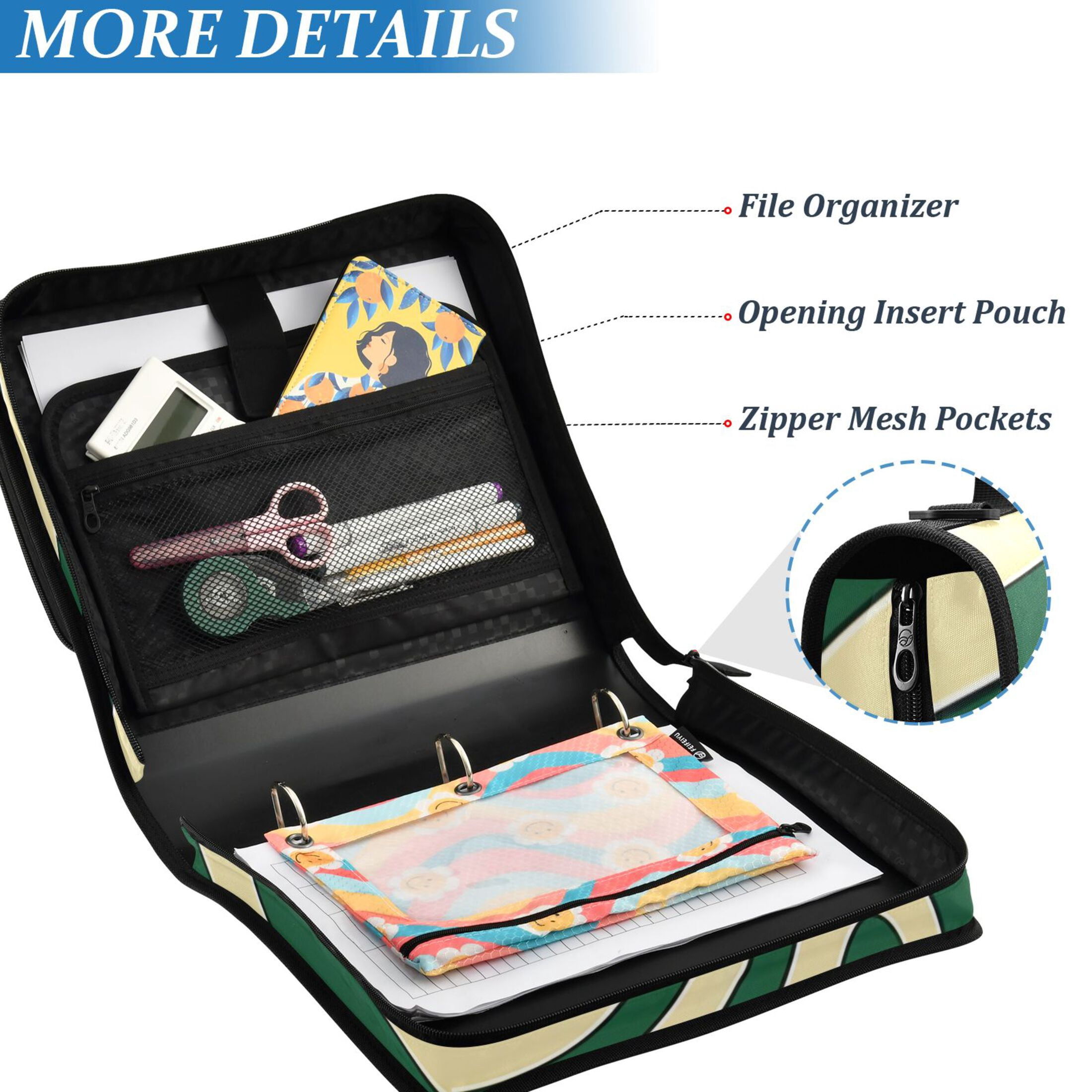 ALAZA Zipper Binder Cream Green Swirly 3 Ring Trapper Keeper File Folder Organizer Bag