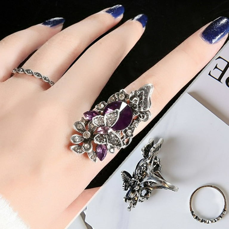 Sterling Silver Skull Spoon Ring – Gothic Adjustable Ring With Rose & Butterfly, Victorian Vintage Jewelry For Women