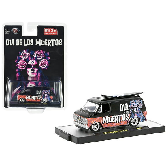 1971 Chevrolet C10 Van Black w/Graphics "Dia De Los Muertos" w/Surfboard Ltd Ed 4400 pcs 1/64 Diecast Model Car by M2 Machines