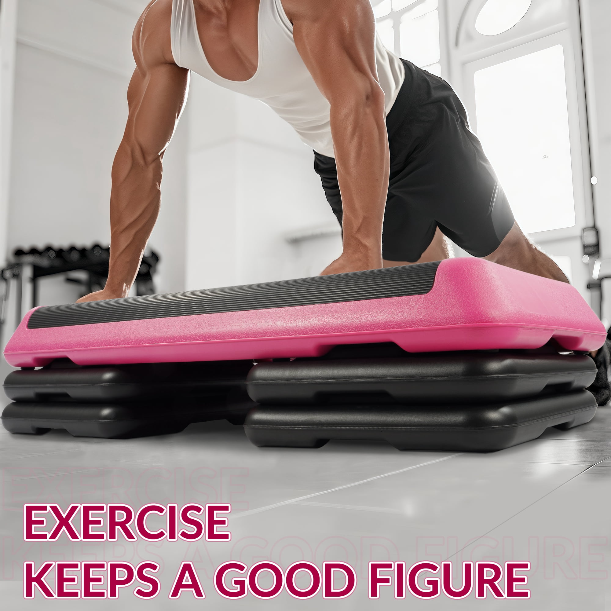 Signature Fitness Adjustable Aerobic Step Platform with 4 Risers, Non-Slip Stepper for Home Gym Workouts – 16", 28", 43", Pink/Blue/Gray