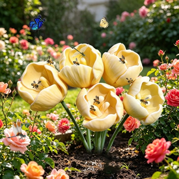 Tulip Shape Bird Bath Decorative Outdoor Garden Pollinator Water Station, Floral Bird Drinking Basin for Backyard Patio Balcony