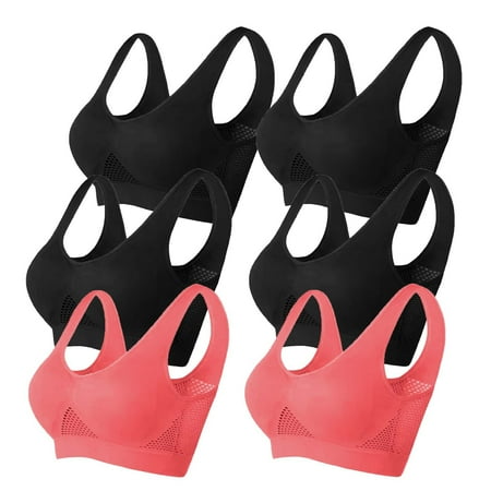 TrendVibe365 Yoga Sports Bra Women Plus Size Pack of 6 Mesh Wireless Push up Bralettes Padded U Back Wide Strap Supportive Bustier Full Coverage Crop Tank Top Comfort Lingerie Black 4XL