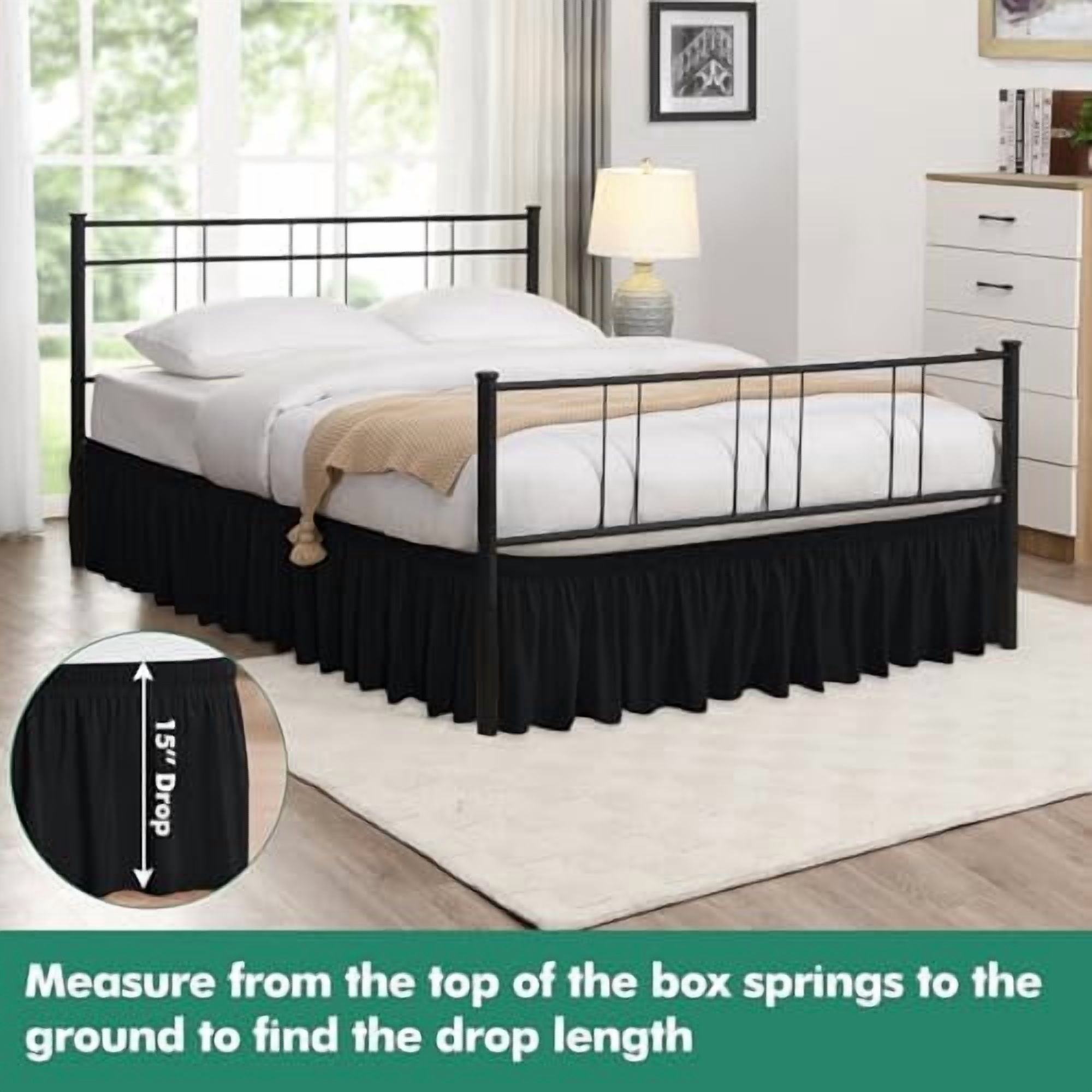 Wrap Around Bed Skirts with Split Corners for King Beds 15" Drop, Black Adjustable Elastic Dust Ruffles Easy Fit Wrinkle Resistant Silky Luxurious Fabric Machine Washable