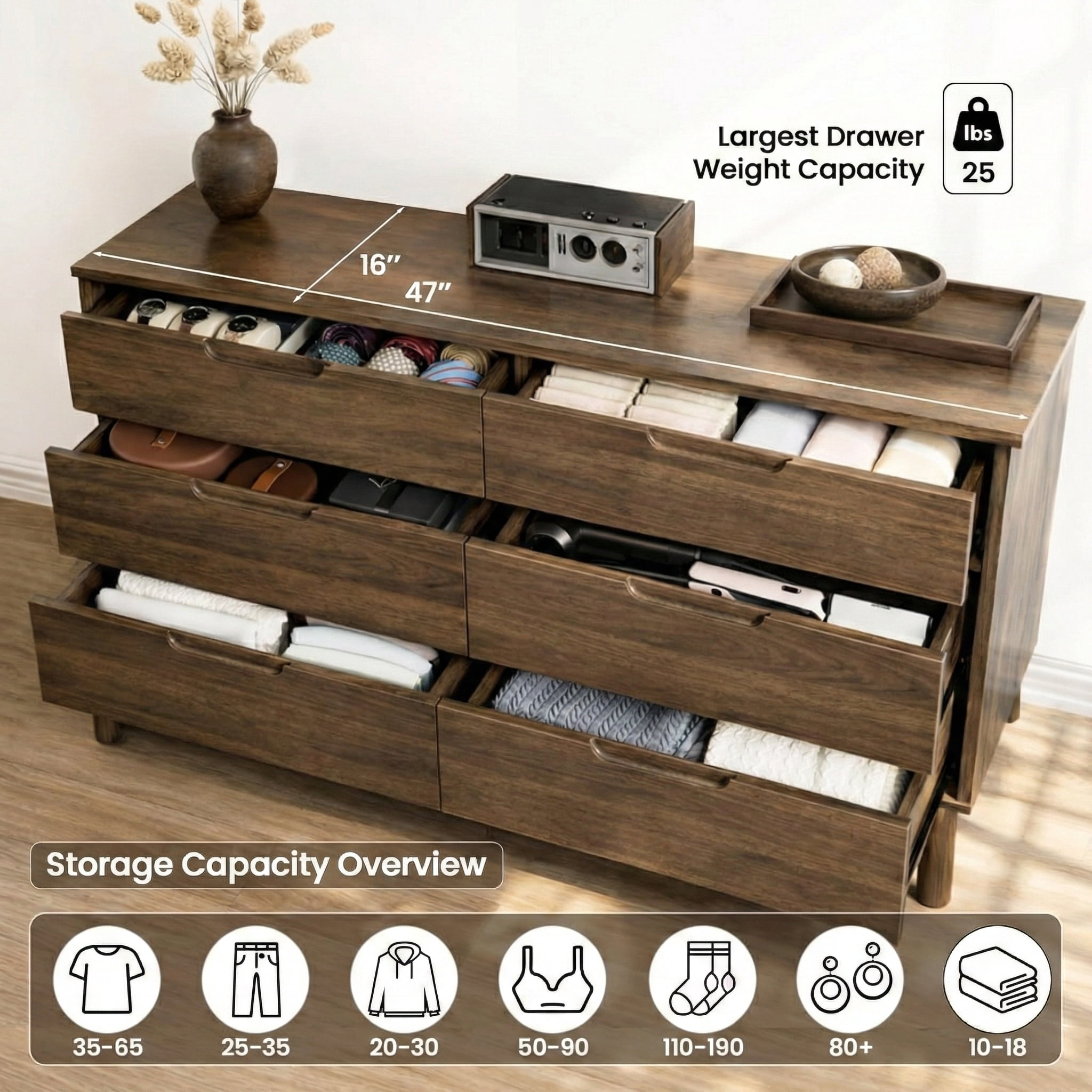 47" Wide Wooden Dresser for Bedroom, Mid-Century Modern 6 Drawer Double Dresser with Natural Wood Grain, Large Horizontal Storage Chest for Living Room, Anti-Tip Kit, Dark Walnut