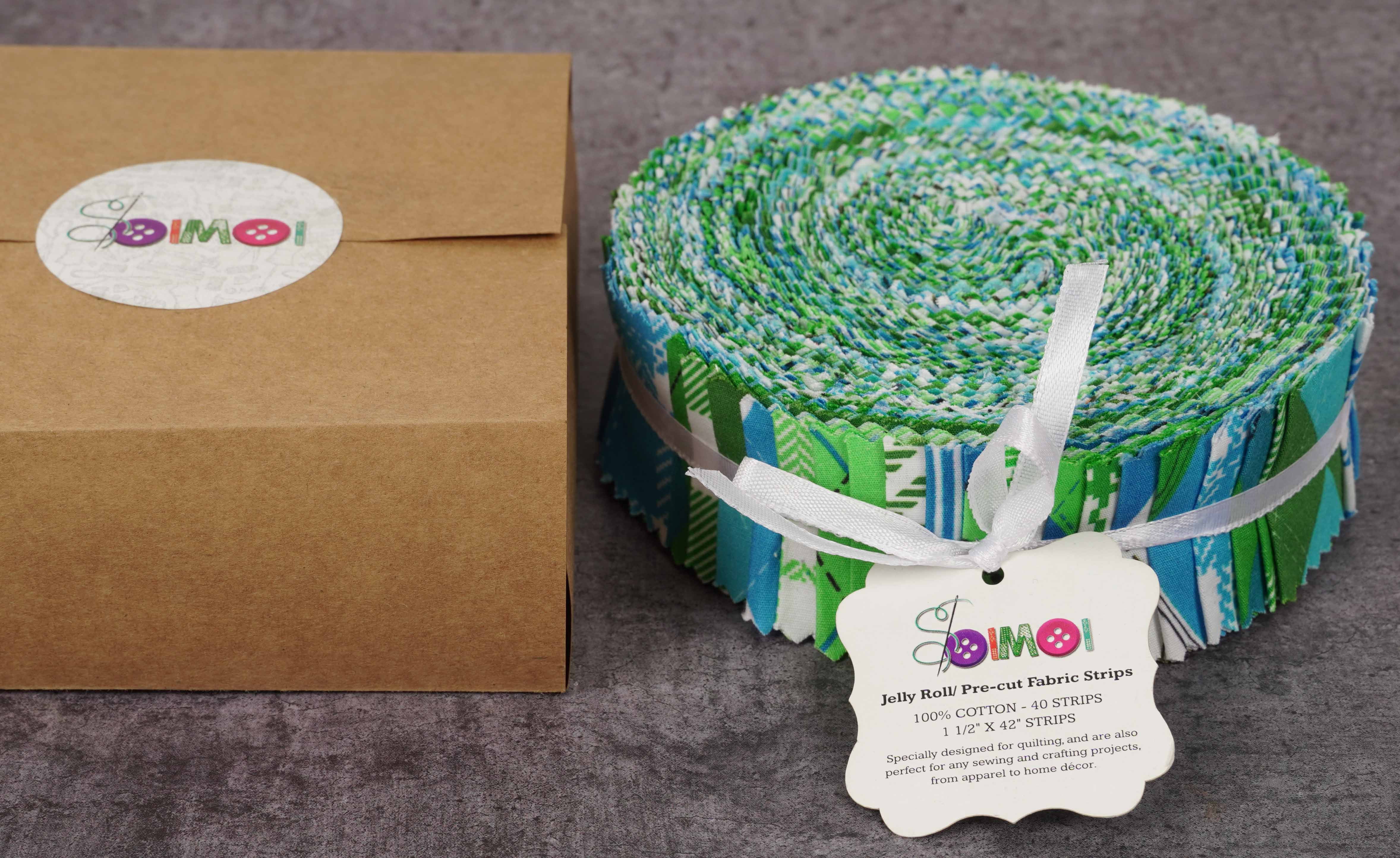 Soimoi 40Pcs Argyle Print Precut Fabrics Strips Roll Up 1.5x42inches Cotton Jelly Rolls For Quilting - Blue & Green