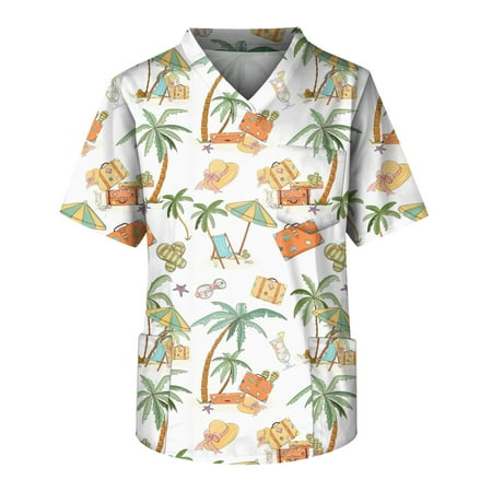 

Mlqidk Scrub Tops for Men Men Short Sleeve V-Neck Beach Elements Printed Breathable Nurse Working Uniform Blouses Army Green XXXXL