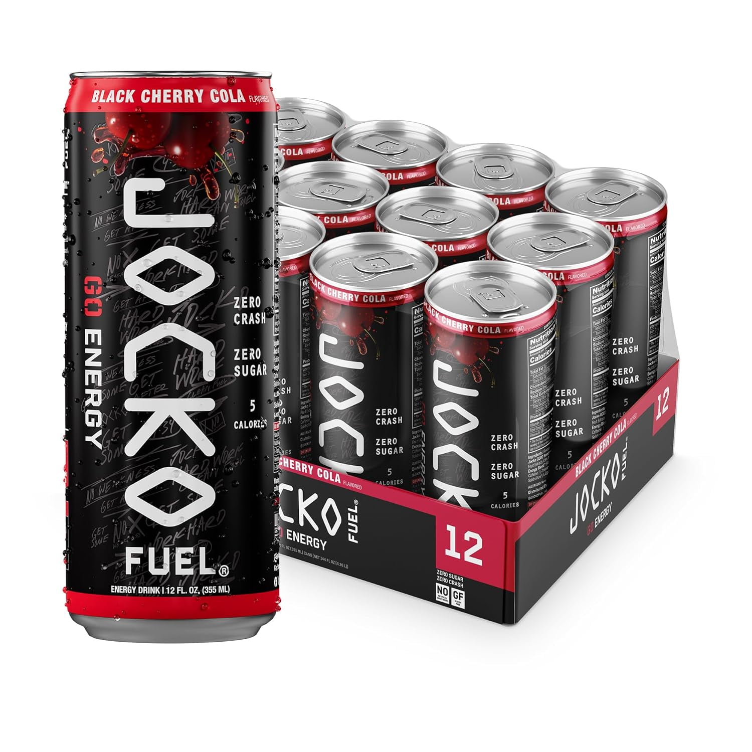 Jocko GO Energy Drink - KETO, Vitamin B12, Vitamin B6, Electrolytes - 12 Pack (Black Cherry Cola)