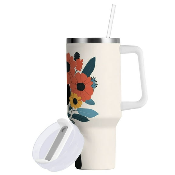 Yayeee 40oz Stainless Steel Tumbler with Straw and Handle Double-Wall Insulated Travel Water Bottle, Black Flowers