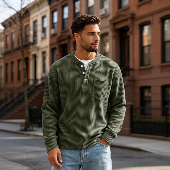 Dwellite Mens Sweater Long Sleeve Corduroy Henley Sweaters Quarter Button Business Casual Tops for Fall Winter Army Green 2XL