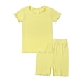 thumbnail image 4 of larppty Girls Shorts Set 2‑Piece Ribbed Knit Summer Outfit Short Sleeve Top & Elastic Waist Shorts Casual Playwear（Light Yellow， 2-3 Years）, 4 of 5