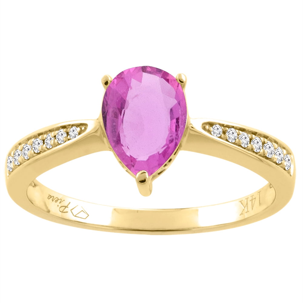 14K Yellow Gold Natural Pink Sapphire Ring Pear Shape 8x6 mm Diamond Accents, size 6 by Gabriella Gold