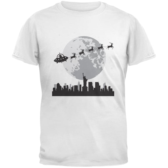 Alien Santa Sleigh White Adult T-Shirt - Large