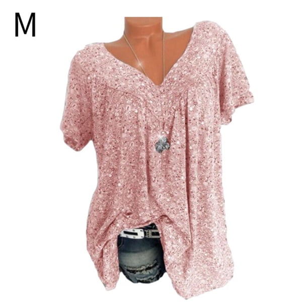 Camiseta de mujer con cuello en V, manga corta, camiseta de verano informal estampada, rosa, M Inevent AP001653-34