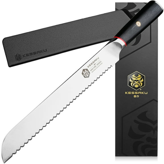Kessaku 9-Inch Serrated Bread Knife - Spectre Series - Forged Japanese AUS-8 High Carbon Stainless Steel - Pakkawood Handle with Blade Guard