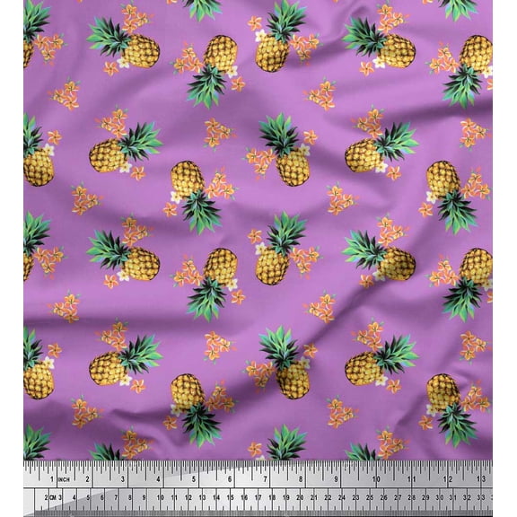 Soimoi Purple Moss Georgette Fabric Peach Floral & Pineapple Fruits Printed Craft Fabric by The Yard 42 Inch Wide