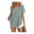 thumbnail image 3 of SHIBEVER Women Short Sleeve Tops Baggy Square Neck Blouse Fashion Solid Color T-shirt Casual Pleated Dressy Green Tee Size L, 3 of 6