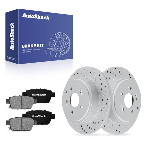 AutoShack Rear Solid Drilled & Slotted Coated Brake Rotors Silver Matte Finish   Ceramic Pads 6-PC Brake Kit Replacement for 2006-2014 Honda Ridgeline TurboGuard 13.13" (333.6 mm)