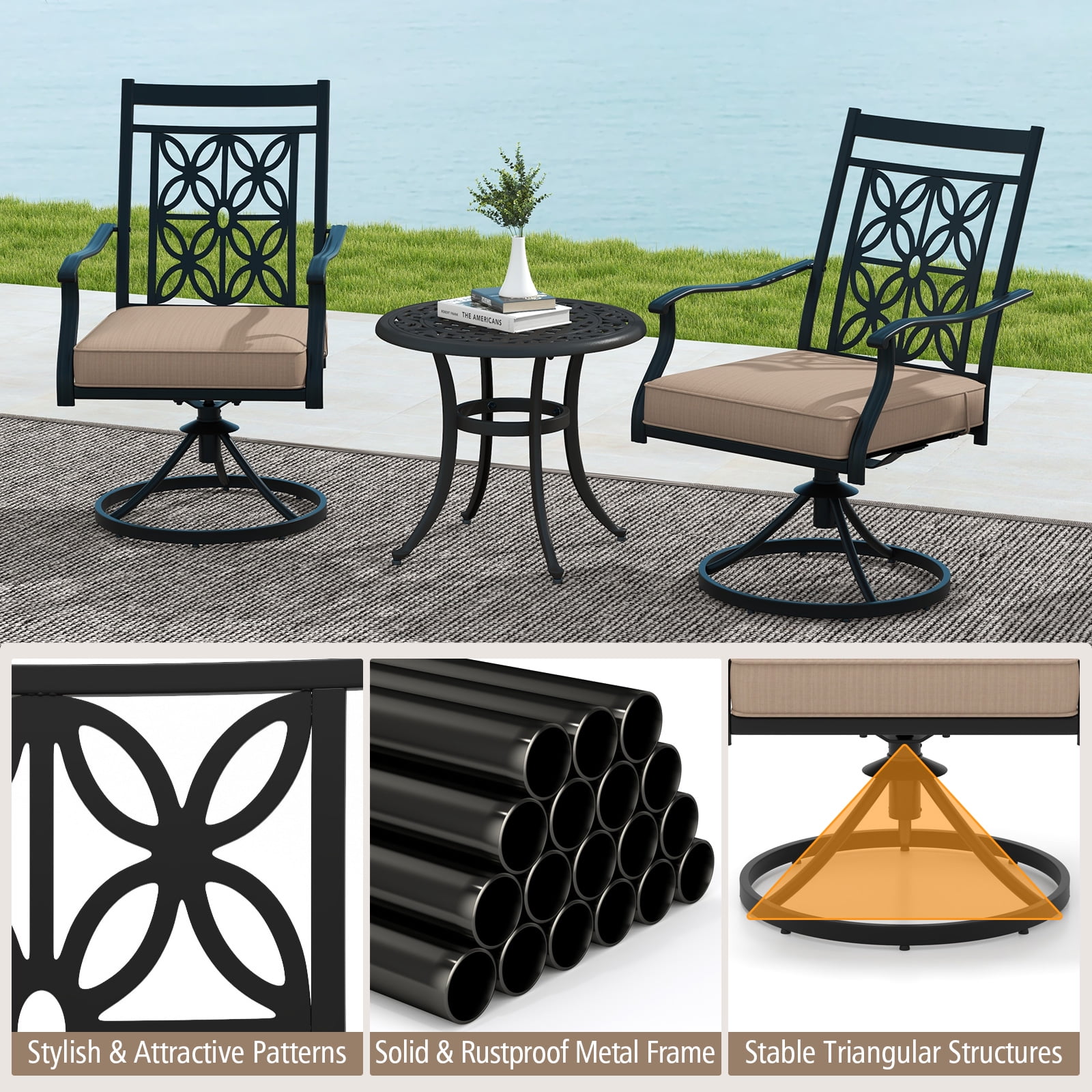 Gymax Patio Metal Swivel Chairs Set of 2 Fabric Bistro Rocker Chairs w/ Curved Armrests
