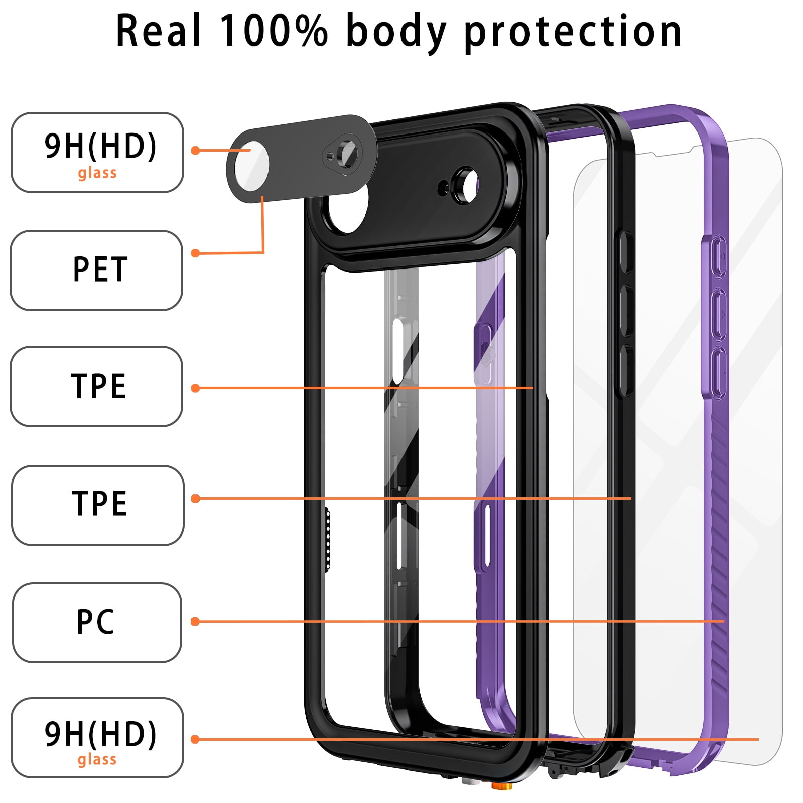 Casetego For iPhone Air Case,IP68 Waterproof 16FT Underwater Military Dustproof Shockproof Rugged with Built-in Screen Protector Full Protect Phone Cover with Lanyard,Purple