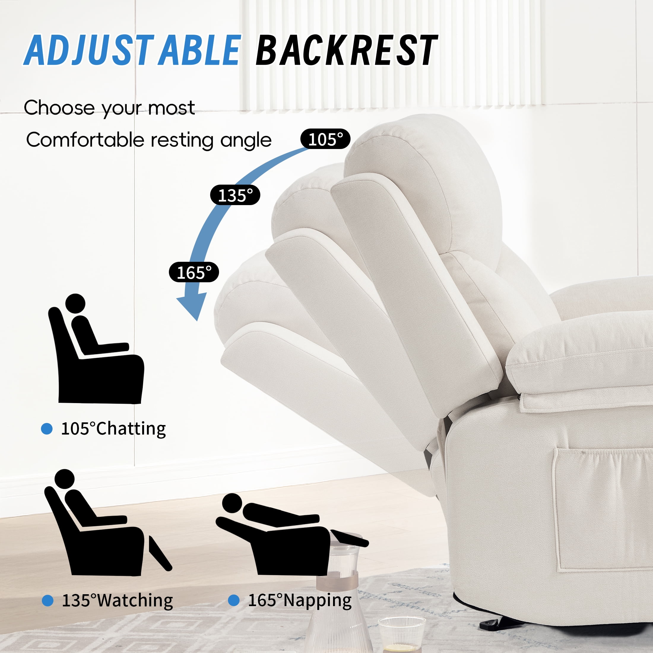 Manual Rocker Recliner Chair for Adults with Vibration Massage,Glider Rocking Recliner Chairs for Living Room Bedroom Overstuffed Soft Reclining Sofa Chair with Pockets and Cup Holds (Beige)